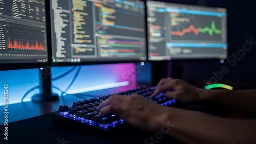 Modern Desk Setup with Multiple Computer Monitors and Colorful Keyboard