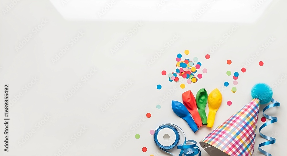 Obraz premium Bright and festive arrangement of party supplies, including a cone hat, colorful balloons, confetti, and ribbon, perfect for celebrating special occasions and holidays