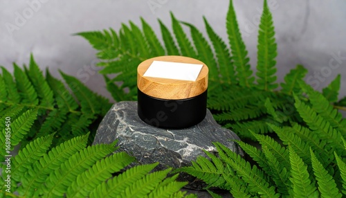 Black Balm Jar with Wooden Lid on Slate and Fern