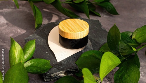 Black Balm Jar with Wooden Lid on Slate Background