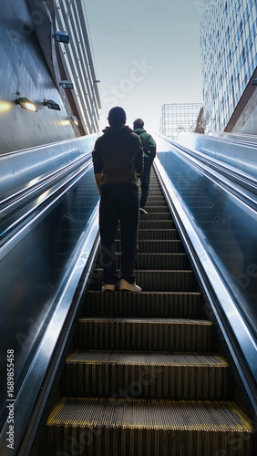 man on escalator going up towards santiago street in chile