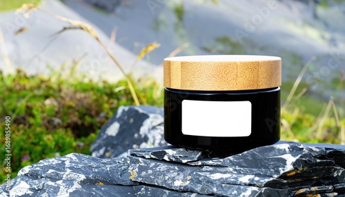 Black Balm Jar with Wooden Lid on Slate Rocks
