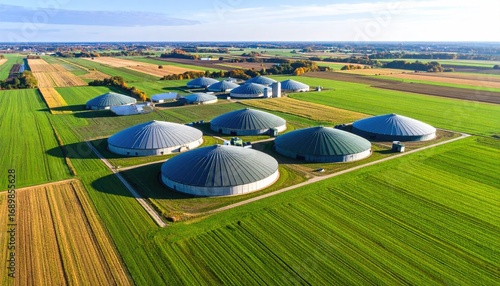 Aerial View of Green Farmland with Irrigation Circles and Modern Structures