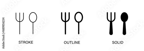 Fork and spoon icons for eating utensils, food, kitchen, restaurant, delivery, ui design. Vector stroke, outline and solid icons.