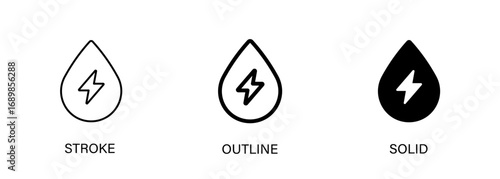 Water drop icon with lightning bolt symbolizing energy, electricity, water, environment. Vector stroke, outline and solid icons.