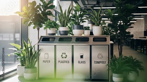 Eco-Friendly Waste Disposal Unit with Indoor Plants in Office Space