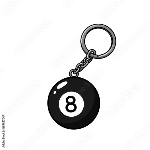 An isolated vector illustration of a classic black eight-ball from a pool game, attached to a metallic keychain with a ring, symbolizing luck and games.