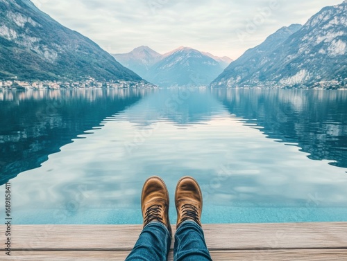 Calm Lake Reflection with Mountains in Background and Person's Feet in Close-Up Showing Hiking Boots