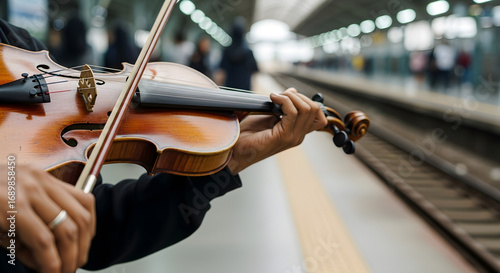 Moving melody played on the violin at train platform, soulful music, artistic performance, street musician plays live, travel
