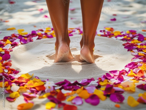 Barefoot on Sandy Beach Surrounded by Colorful Flower Petals in a Tranquil Outdoor Setting