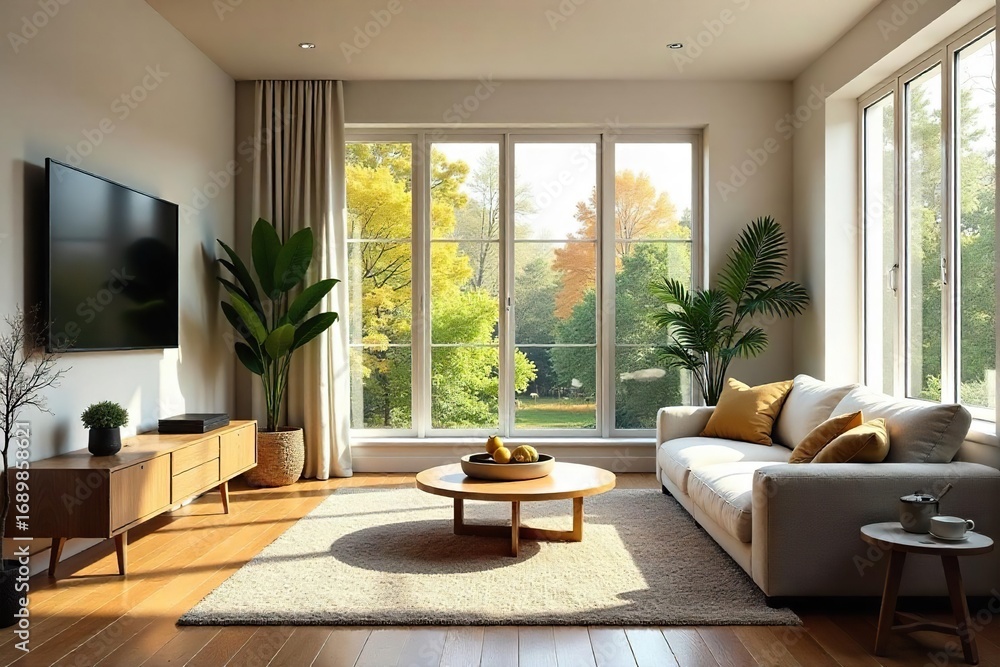 Fototapeta premium Cozy living room interior with comfortable furniture, natural light streaming through large windows, and stylish decor Perfect for relaxation and family gatherings , comfortable, cozy, lamp