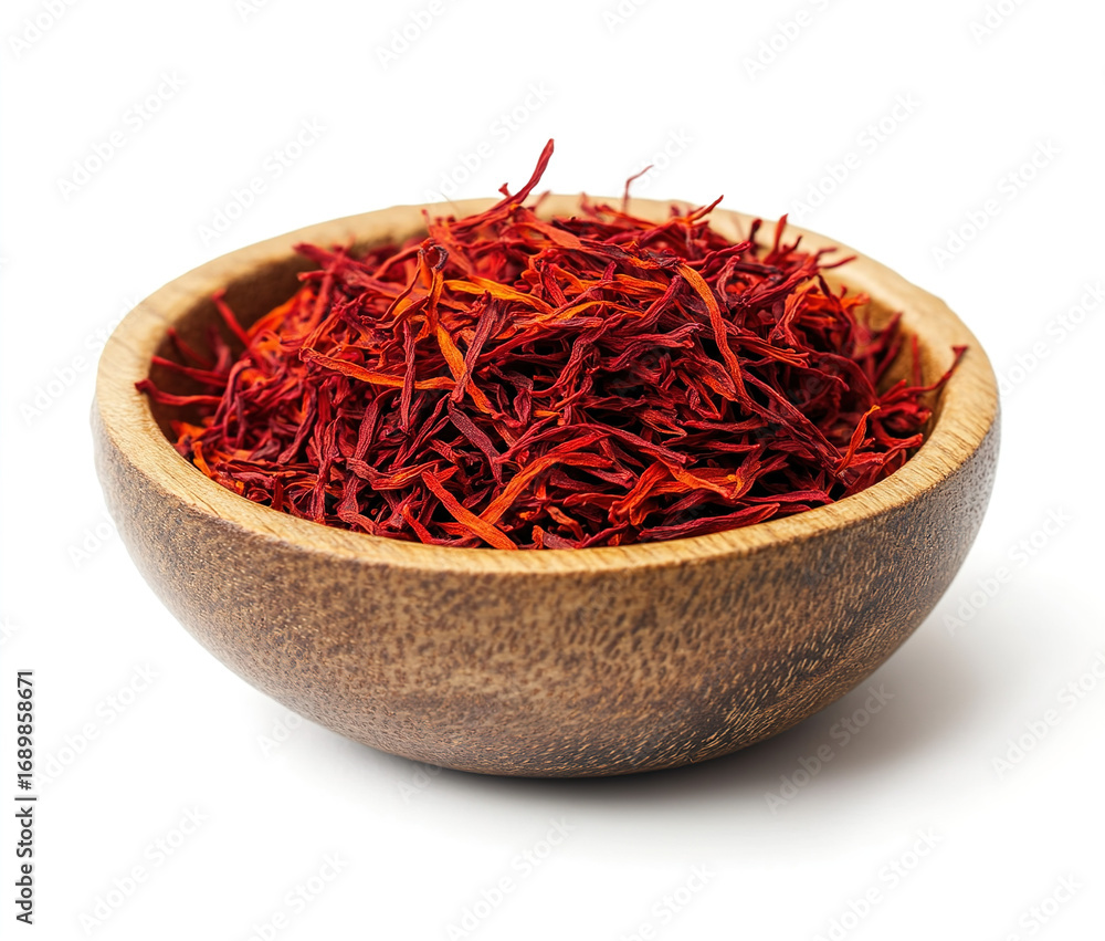 Fototapeta premium saffron thread in the wooden plate, isolated on the white background.