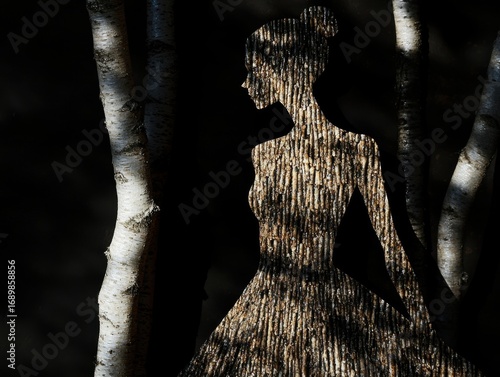 Birch Tree Silhouette Forming a Graceful Female Figure Against a Dark Background in Artistic Nature Composition