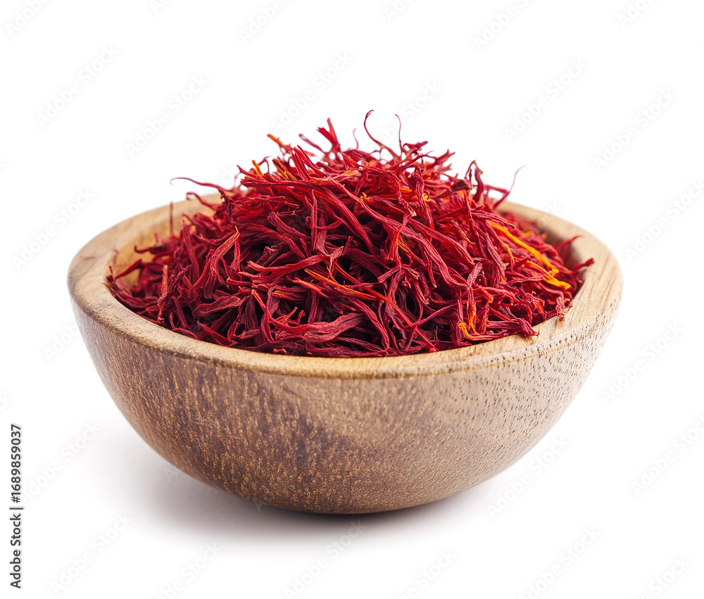 Fototapeta premium saffron thread in the wooden plate, isolated on the white background.