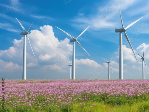 Wind Turbines Surrounded by Vibrant Pink Flowers Under a Bright Blue Sky with Fluffy Clouds