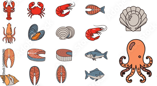 Diverse seafood (fish, crabs, lobster, salmon, octopus etc) vector elements, perfect for culinary and fresh cuisine designs