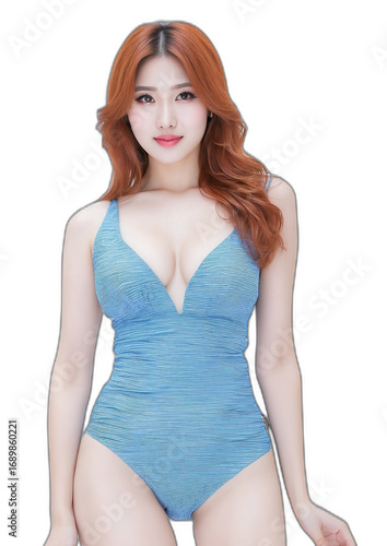 Sexy Asian woman with long red hair wear light blue swimsuit, isolated on transparent background.