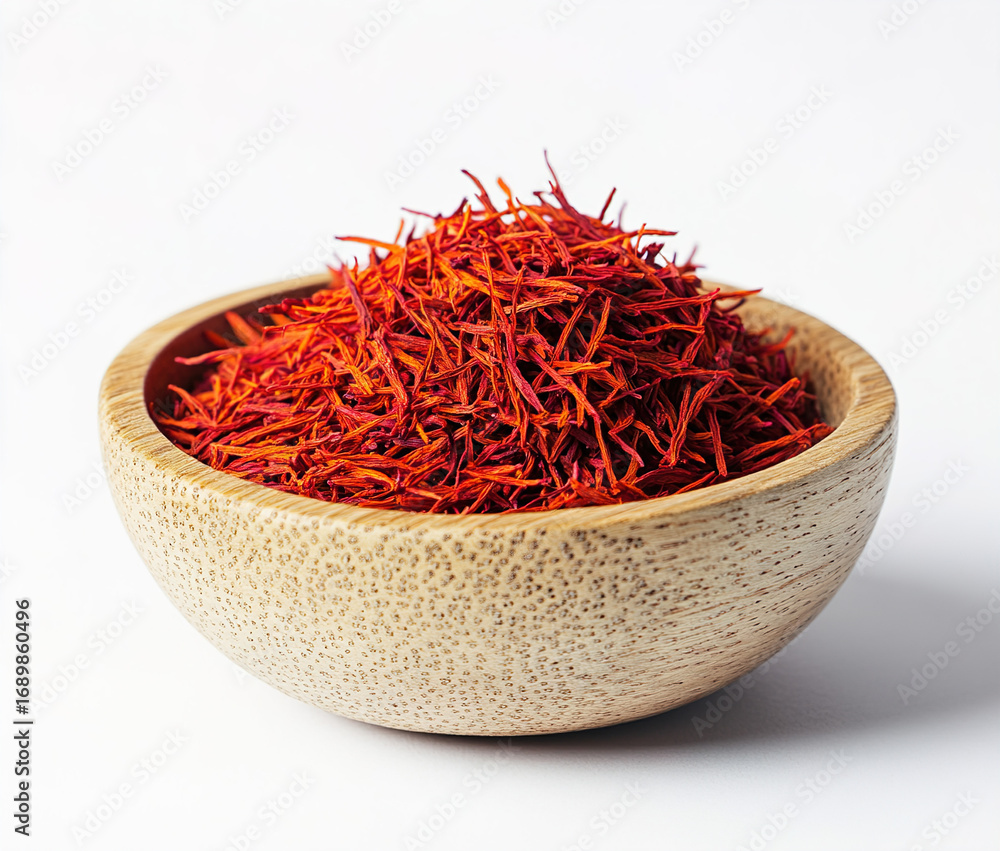 Fototapeta premium saffron thread in the wooden plate, isolated on the white background.