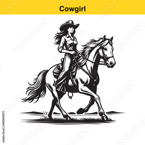 Grace in Motion – Western Horsewoman Riding with Power and Poise in Vintage Ink Detail