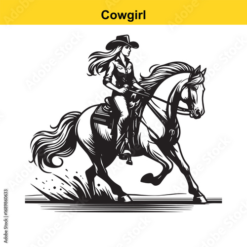Grace in Motion – Western Horsewoman Riding with Power and Poise in Vintage Ink Detail