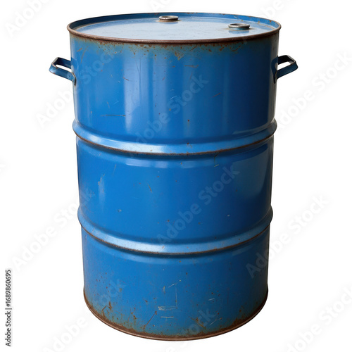 Blue metal industrial barrel with handles isolated on transparent background