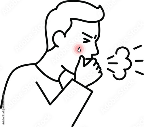 Man coughing, showing symptoms of illness, covering mouth with hand.