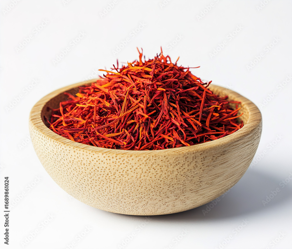 Fototapeta premium saffron thread in the wooden plate, isolated on the white background.