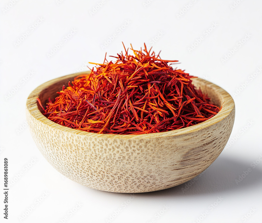 Fototapeta premium saffron thread in the wooden plate, isolated on the white background.