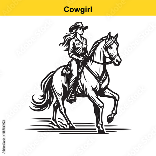 Grace in Motion – Western Horsewoman Riding with Power and Poise in Vintage Ink Detail
