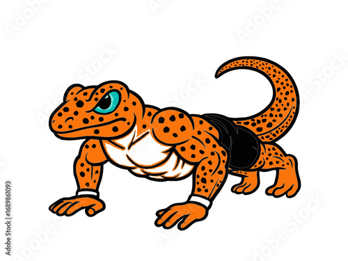 Leopard Gecko Bodybuilder Doing Push-Up Cartoon Mascot Illustration