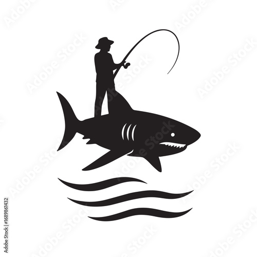 Fisherman's shadow on a shark's back, silhouette vector illustration