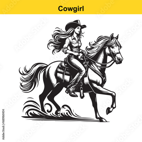 Grace in Motion – Western Horsewoman Riding with Power and Poise in Vintage Ink Detail
