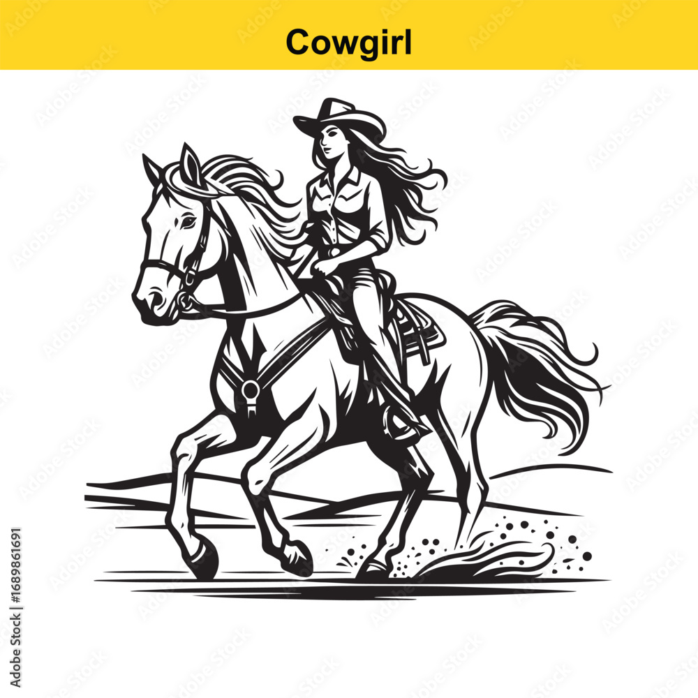 Fototapeta premium Grace in Motion – Western Horsewoman Riding with Power and Poise in Vintage Ink Detail