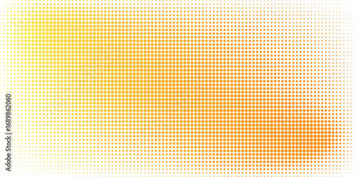 Yellow halftone pattern. Retro comic gradient background. Bright orange pixelated dotted texture overlay. Cartoon pop art faded gradient pattern. Vector illustration