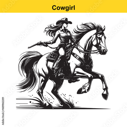 Grace in Motion – Western Horsewoman Riding with Power and Poise in Vintage Ink Detail