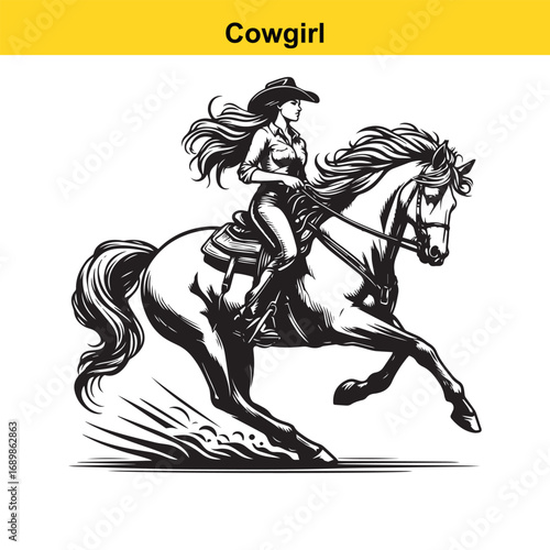 Grace in Motion – Western Horsewoman Riding with Power and Poise in Vintage Ink Detail