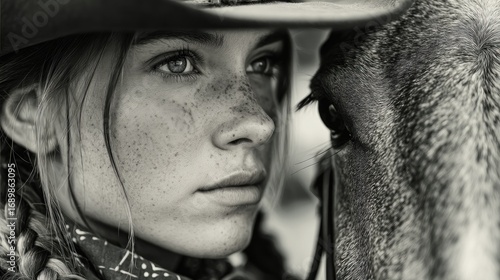 Close Up Monochrome Shot of a Young Woman and a Horse United by Affection