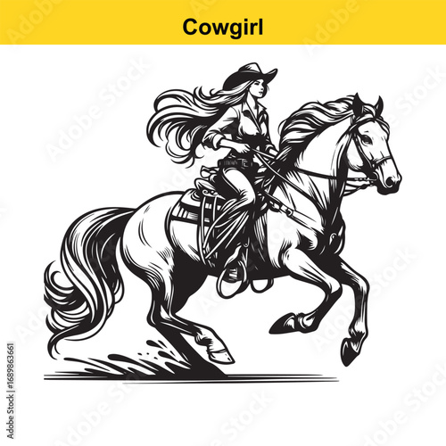 Grace in Motion – Western Horsewoman Riding with Power and Poise in Vintage Ink Detail