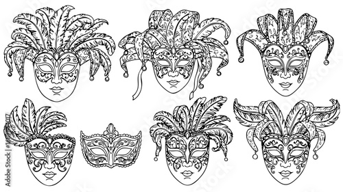 Elegant masquerade masks with feathers and intricate patterns create an air of mystery and festivity