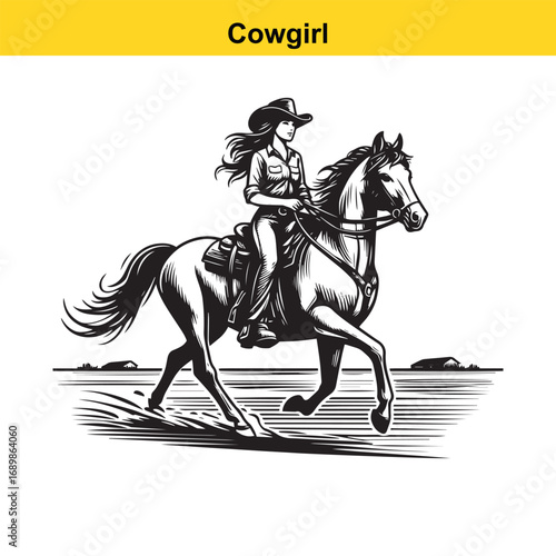 Grace in Motion – Western Horsewoman Riding with Power and Poise in Vintage Ink Detail