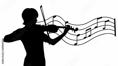 Silhouette of person playing violin with musical notes flowing in the background in black and white style