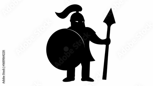 A black silhouette of a spartan warrior holding a shield and a spear standing in a white background