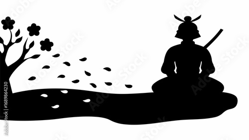 Silhouette of a samurai warrior with sword sitting near a tree with falling leaves in black and white art