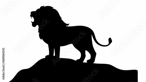 Silhouette of a roaring lion standing atop a hill with its mane and tail clearly visible against white background