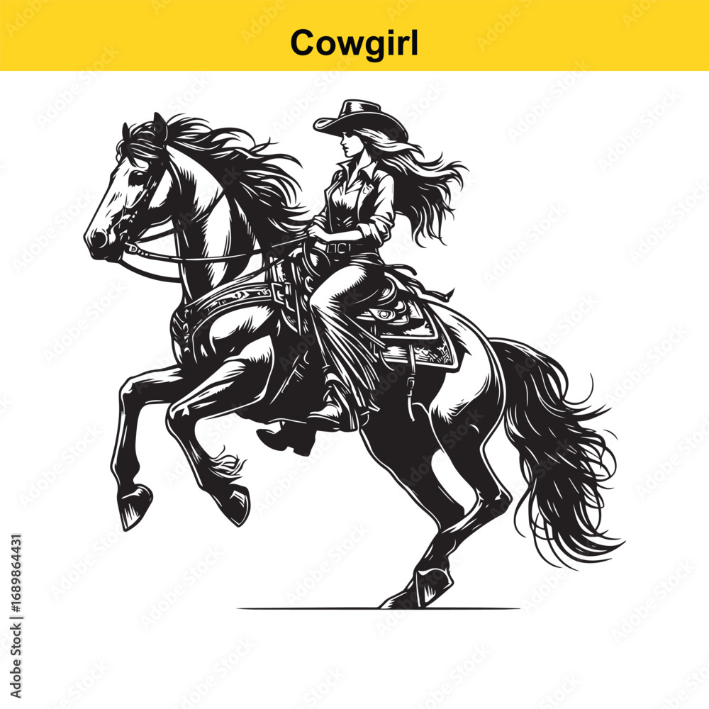 Obraz premium Grace in Motion – Western Horsewoman Riding with Power and Poise in Vintage Ink Detail