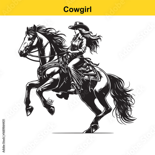 Grace in Motion – Western Horsewoman Riding with Power and Poise in Vintage Ink Detail
