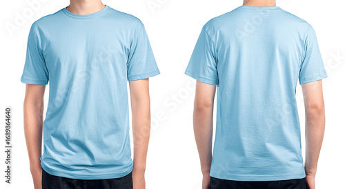 Light blue t-shirt, front and back views,  on a person