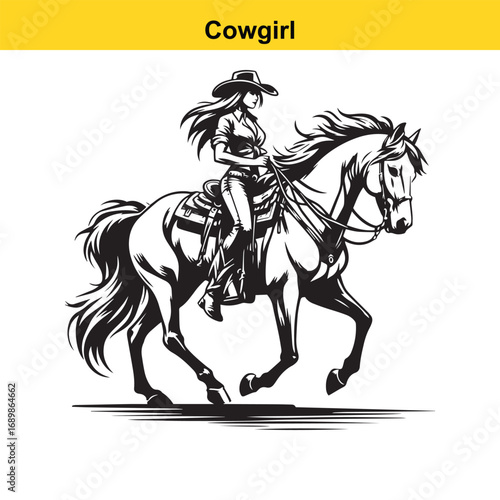 Grace in Motion – Western Horsewoman Riding with Power and Poise in Vintage Ink Detail