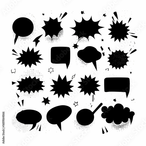A diverse collection of black vector silhouettes, featuring comic book speech bubbles and pop art explosion bursts for creative design