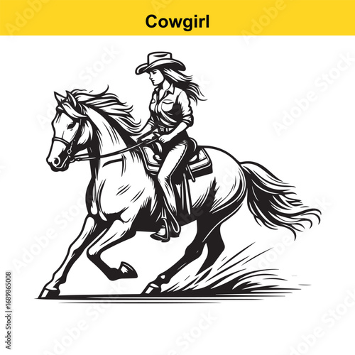Grace in Motion – Western Horsewoman Riding with Power and Poise in Vintage Ink Detail